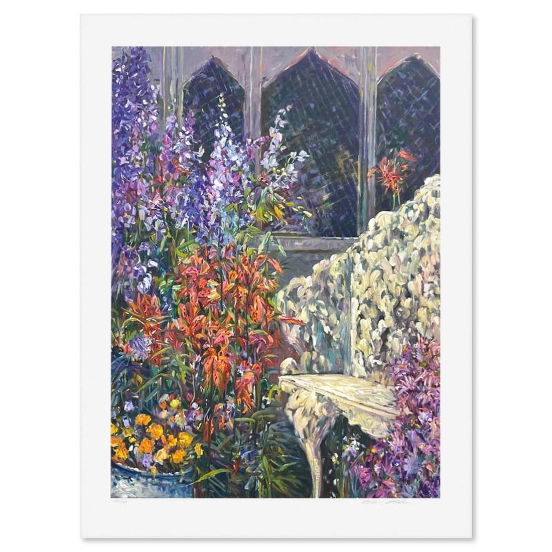 Henri Plisson (1933-2006), "A Place in the Garden" Limited Edition Serigraph, Numbered 1/20 and Hand: A Place in the Garden is a limited edition serigraph on paper by Henri Plisson (1933-2006), numbered 1/20 and hand signed by the artist. Includes Letter of Authenticity. Measures approx. 39" x 30" (bo
