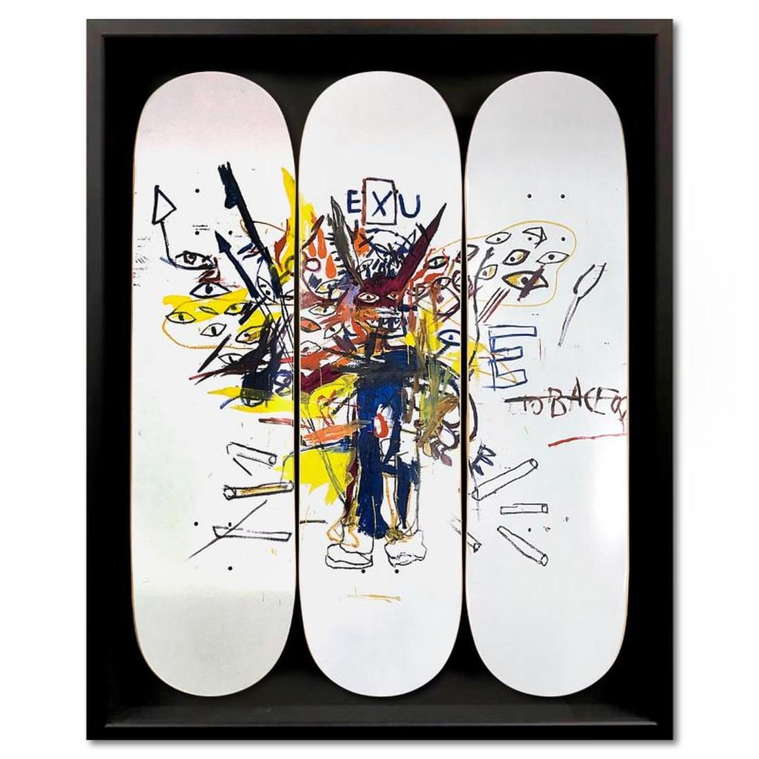 Jean-Michel Basquiat (1960-1988), "EXU, 1988" Framed Skateboard Triptych, Plate Signed with Letter (1 of 3)