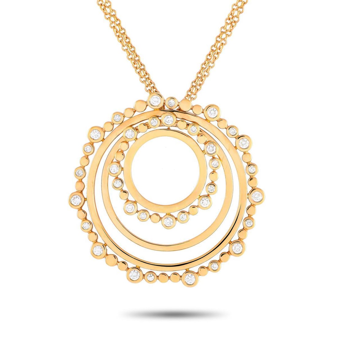 BUCHERER 18K ROSE GOLD 0.69CT DIAMOND CIRCLE NECKLACE: A versatile jewel you can wear time and time again. This rose gold necklace by Bucherer features a 30-inch-long double chain holding a round pendant with concentric circles. The 1.5-inch-wide pendant