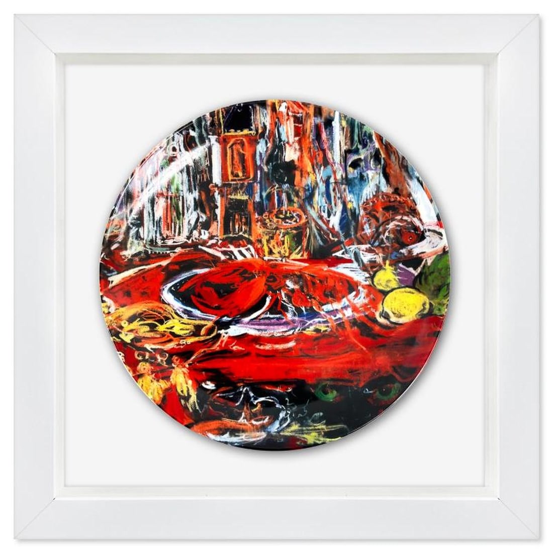 Cecily Brown, "Lobsters Walk Hand in Hand" Framed Limited Edition Fine Bone China Plate.: Lobsters Walk Hand in Hand is a limited edition fine bone china plate by Cecily Brown. This plate is custom framed and floated on linen. Measures approx. 15.5" x 15.5" (frame), 10.5" (plate diameter).