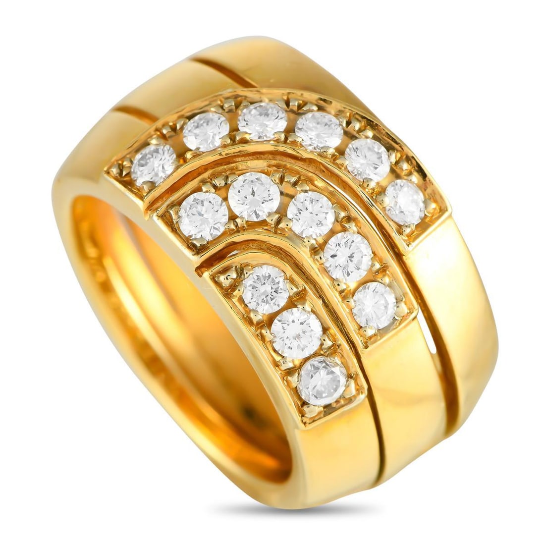 CARTIER 18K YELLOW GOLD 0.75CT DIAMOND RING: It's not every day you'll come across one of these. A Cartier piece from the 80s, this yellow gold ring features a domed silhouette and a stacked look. The broad and rounded band is presented as an in