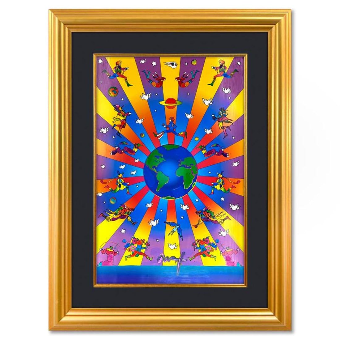 Peter Max, "Earth Day 2000" Framed One-of-a-Kind Mixed Media, Hand Signed with Registration Number: Earth Day 2000 is a one-of-a-kind mixed media on paper, hand signed by Peter Max. The piece comes custom framed with a backside cutout to display Peter Max Studio registration number 280152 certifying