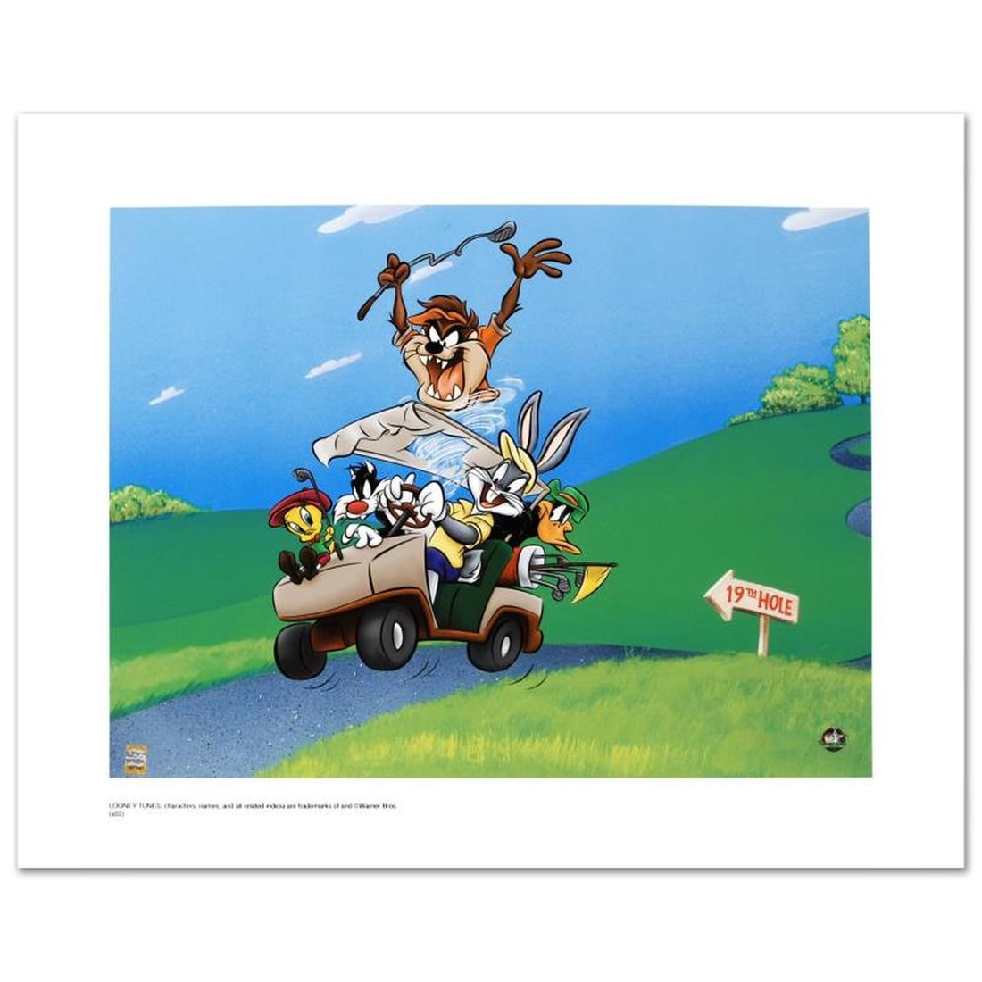 To The 19th Hole Limited Edition Giclee from Warner Bros., Numbered with Hologram Seal and: To The 19th Hole is a limited edition giclee on paper from Warner Bros., numbered with hologram seal of Authenticity. Also, includes Certificate of Authenticity! Measures approx. 20" x 16" (with borde