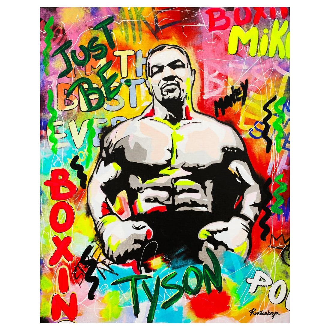 Nastya Rovenskaya- Mixed Media "Mike Tyson": Artist: Nastya Rovenskaya. Medium: Mixed Media. Title: Mike Tyson. Size: 30" x 24". Signature: Hand signed. Certificate of Authenticity: Is included. Reference#: 58257.