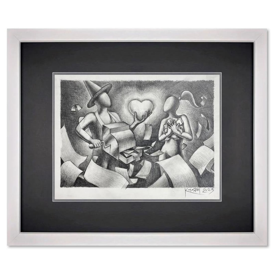 Mark Kostabi, "Everything, Everywhere, Forever" Framed Original Drawing on Paper, Hand Signed with (1 of 3)