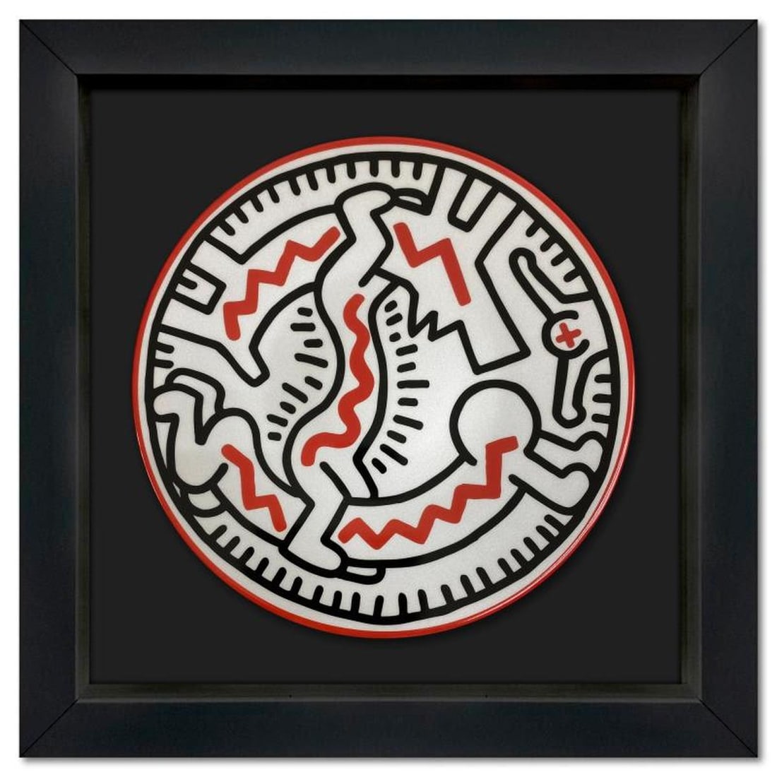 Keith Haring (1958-1990), "Man-Dog" Framed Limoges Porcelain Plate.: Man-Dog is a Limoges porcelain plate bearing the plate signature inverso of Keith Haring (1958-1990). This plate is custom framed and floated on linen. Measures approx. 13.5" x 13.5" (frame), 8.5" (pl