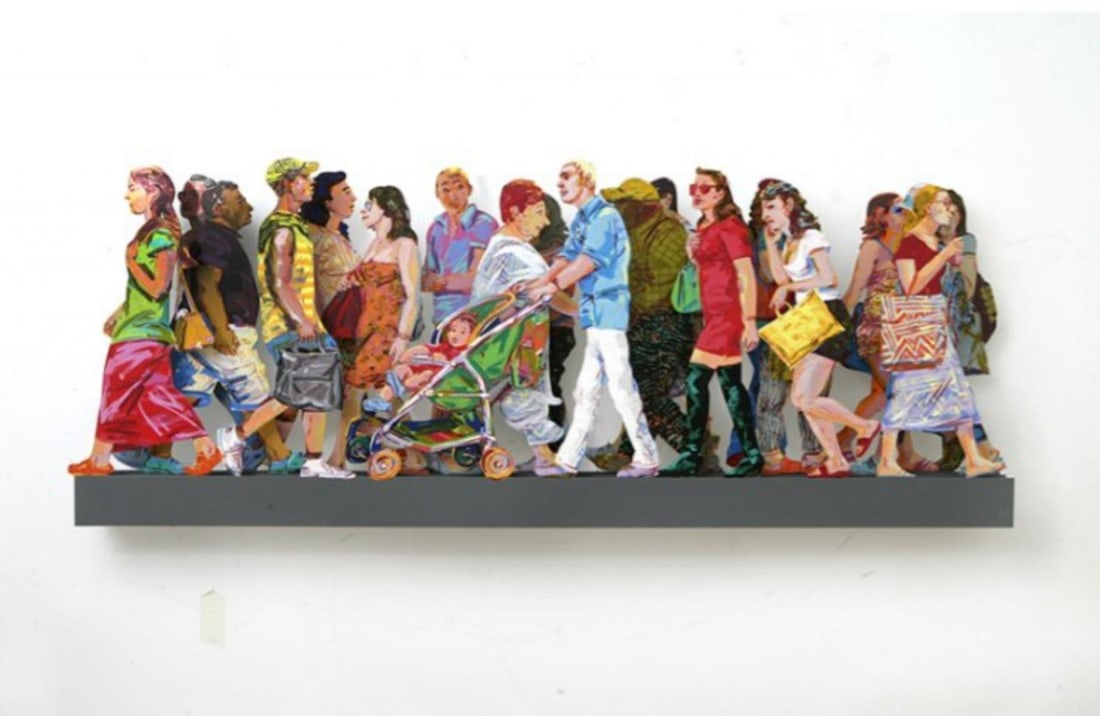 David Gerstein- Mixed Media Cutout Aluminum "SHOPPERS IN MAMILA A": Artist: David Gerstein. Medium: Mixed Media Cutout Aluminum. Title: SHOPPERS IN MAMILA A. Size: 70" x 27". Signature: Signed and numbered. Certificate of Authenticity: Is included. Additional: Edition