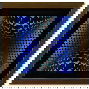 Victor Vasarely (1908-1997), "OND - II de la série Vega" Framed 1971 Heliogravure Print with Letter: OND - II de la série Vega is a heliogravure print on paper, published in 1971, by Victor Vasarely (1908-1997). This piece comes custom framed, with a letter of authenticity and with a 1976 Vasarely p