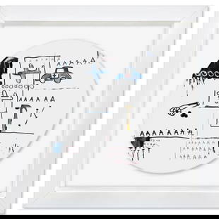 Jean-Michel Basquiat (1960-1988), "Untitled 1981" Framed Limoges Porcelain Plate.: Untitled 1981 is a Limoges porcelain plate bearing the plate signature inverso of Jean-Michel Basquiat (1960-1988). This plate is custom framed and floated on linen. Measures approx. 16" x 16" (frame)