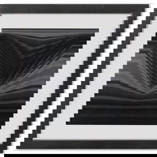 Victor Vasarely (1908-1997), "Berc de la serie Vonal" Framed 1971 Heliogravure Print with Letter of: Berc de la serie Vonal is a heliogravure print on paper, published in 1971, by Victor Vasarely (1908-1997). This piece comes custom framed, with a letter of authenticity and with a 1976 Vasarely paper
