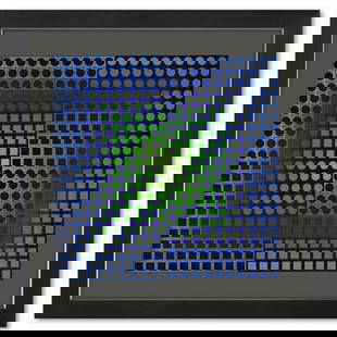 Victor Vasarely (1908-1997), "Zoeld de la série Folklore Planetaire" Framed 1971 Heliogravure Print: Zoeld de la série Folklore Planetaire is a heliogravure print on paper, published in 1971, by Victor Vasarely (1908-1997). This piece comes custom framed, with a letter of authenticity and with a 197