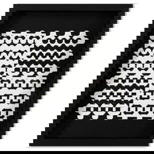 Victor Vasarely (1908-1997), "Helion de la serie Corpusculaires" Framed 1973 Heliogravure Print with: Helion de la serie Corpusculaires is a heliogravure print on paper, published in 1973, by Victor Vasarely (1908-1997). This piece comes custom framed, with a letter of authenticity and with a 1976 Vas