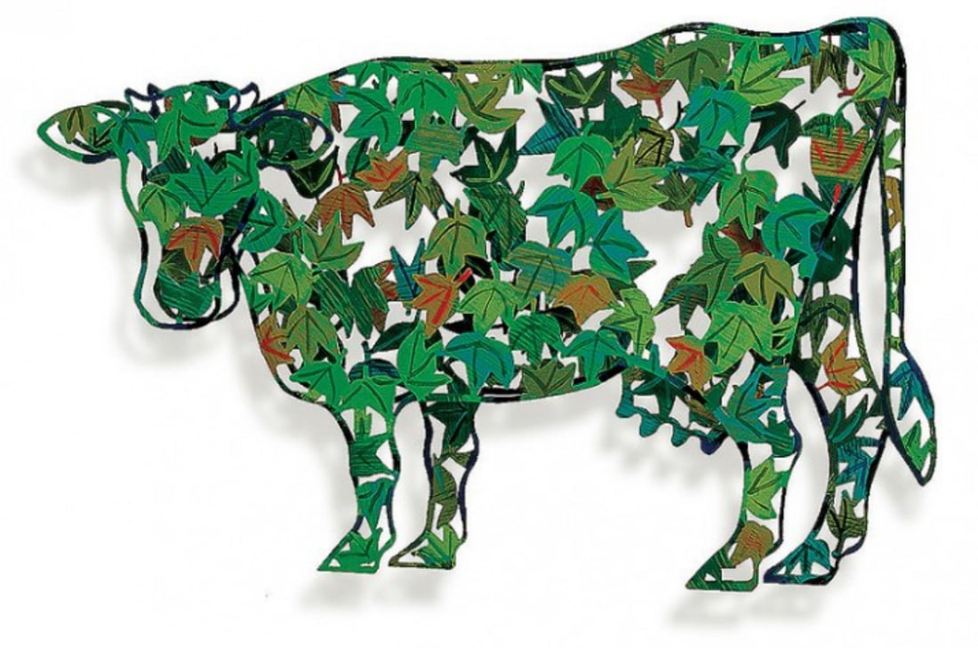 David Gerstein- Mixed Media Cutout Aluminum "GREEN COW": Artist: David Gerstein. Medium: Mixed Media Cutout Aluminum. Title: GREEN COW. Size: 41" x 28". Signature: Signed and numbered. Certificate of Authenticity: Is included. Additional: Series: 295. Refer