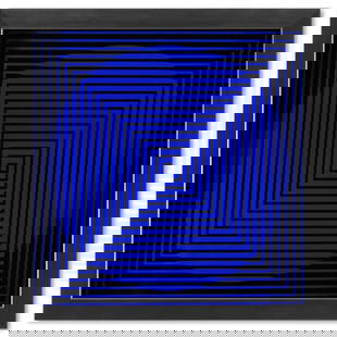 Victor Vasarely (1908-1997), "Beta de la série Vonal" Framed 1971 Heliogravure Print with Letter of: Beta de la série Vonal is a heliogravure print on paper, published in 1971, by Victor Vasarely (1908-1997). This piece comes custom framed, with a letter of authenticity and with a 1976 Vasarely pape