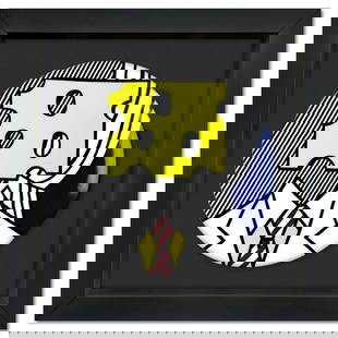 Roy Lichtenstein (1923-1997), "Portrait" Framed Limoges Porcelain Plate.: Portrait is a Limoges porcelain plate featuring art by Roy Lichtenstein (1923-1997). This plate is custom framed and floated on linen. Measures approx. 16" x 16" (frame), 11" (plate diameter). Referen