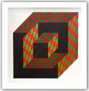 Victor Vasarely- Heliogravure Print "Bidim": Artist: Victor Vasarely. Medium: Heliogravure Print. Title: Bidim. Size: 10" x 10". Measures approx. 12" x 12" (framed). Additional: Custom Framed. Reference#: 21437.