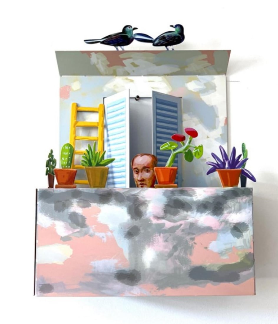 David Gerstein- Mixed Media Cutout Aluminum "Balcony with Man": Artist: David Gerstein. Medium: Mixed Media Cutout Aluminum. Title: Balcony with Man. Size: 18" x 24". Signature: Signed and numbered. Certificate of Authenticity: Is included. Additional: Limited edi