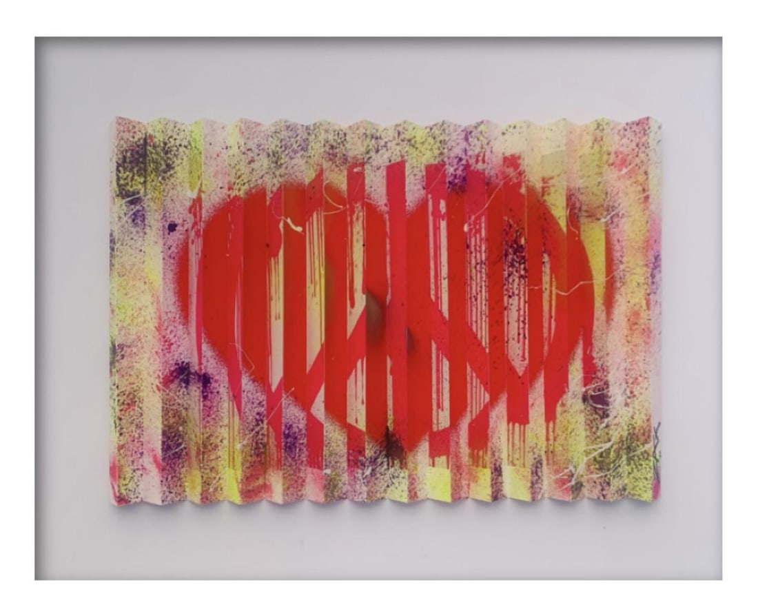 E.M. Zax- One-Of-A-Kind 3D Polymorph Mixed Media On Paper "PEACE & HEART": Artist: E.M. Zax. Medium: One-Of-A-Kind 3D Polymorph Mixed Media On Paper. Title: PEACE & HEART. Size: 12" x 22". Signature: Signed. Certificate of Authenticity: Is included. Reference#: 42450.