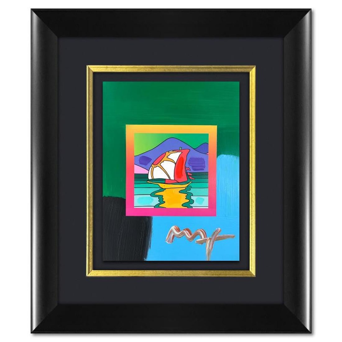 Peter Max, "Sail East" Framed One-of-a-Kind Acrylic Mixed Media, Hand Signed with Registration: Sail East is a one-of-a-kind acrylic mixed media on paper, hand signed by Peter Max. The piece comes custom framed with a backside cutout to display Peter Max Studio registration number 260005 certify