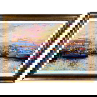 Thomas Kinkade (1958-2012), "Fisherman's Wharf, San Francisco" Framed Limited Edition Lithograph,: Fisherman's Wharf, San Francisco is a limited edition offset lithograph on paper by Thomas Kinkade (1958-2012), numbered and bearing Kinkade's authorized signature. This piece is framed. Measures appr