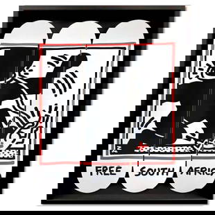 Keith Haring (1958-1990), "Free South Africa" Framed Skateboard Triptych, Plate Signed with Letter: Free South Africa is a skateboard triptych by Keith Haring (1958-1990), bearing the plate signature of the artist inverso. This triptych comes custom framed. Includes Letter of Authenticity. Measures