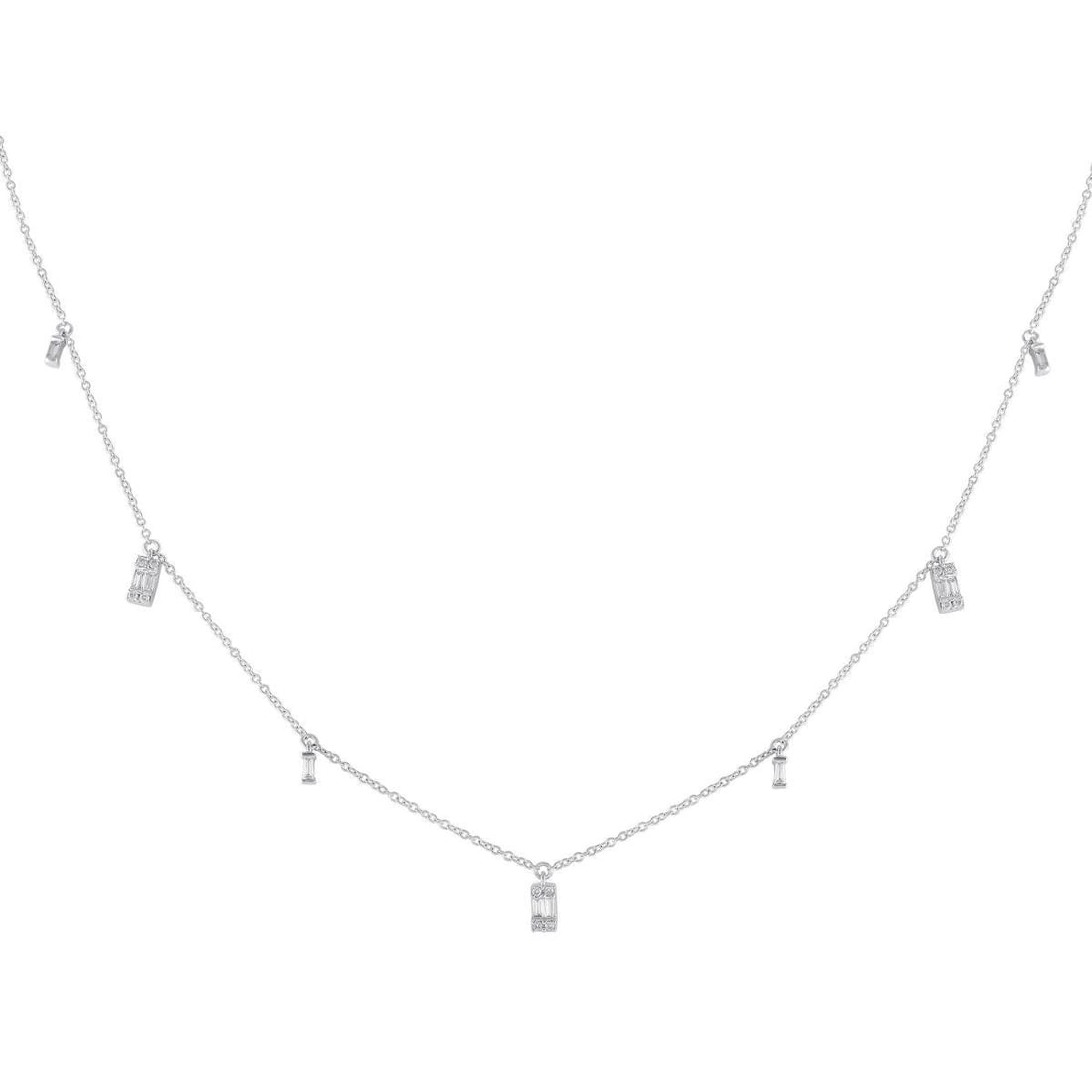 14K WHITE GOLD 0.25CT DIAMOND STATION NECKLACE: Diamond baguettes with a total weight of 0.25 carats dangle delicately from a 16 chain on this impeccably crafted necklace. Ideal for everyday wear, it is crafted from shimmering 14K White Gold and co