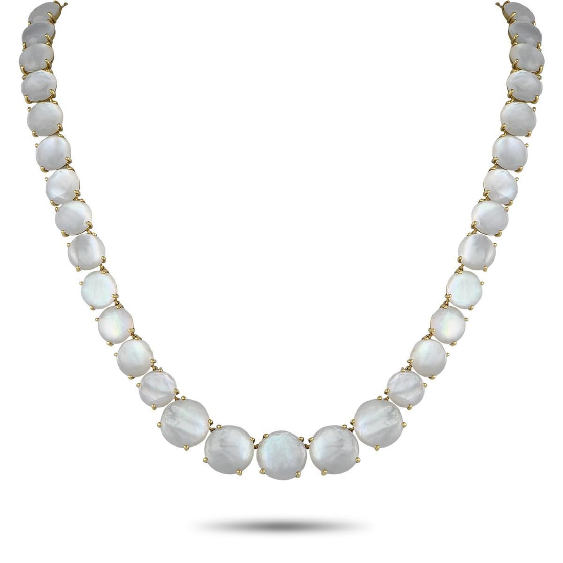 IPPOLITA LOLLIPOP 18K YELLOW GOLD MOTHER OF PEARL NECKLACE: This luminous Ippolita Lollipop necklace offers timeless elegance. On this exquisite accessory, a series of iridescent Mother of Pearl gemstones continually catch the light from their place within a s