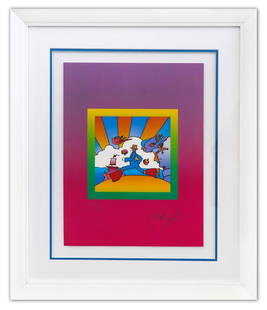 Peter Max- Original Lithograph "Cosmic Runner on Blends": Artist: Peter Max. Medium: Original Lithograph. Title: Cosmic Runner on Blends. Size: 17" x 13". Measures approx. 27" x 23" (framed). Signature: Hand Signed and Numbered by the artist. Certificate of