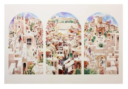 Shmuel Katz- Serigraph on Paper "Jerusalem - Triptych": Artist: Shmuel Katz. Medium: Serigraph on Paper. Title: Jerusalem - Triptych. Size: 31.5" x 47". Signature: Hand Signed by the Artist. Certificate of Authenticity: From Gol Art Gallery and Publishing.