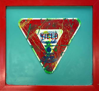 E.M. Zax- Hand painted metal street sign "Yield": Artist: E.M. Zax. Medium: Hand painted metal street sign. Title: Yield. Measures approx. 28" x 28" (framed). Signature: Hand Signed. Reference#: 75891.