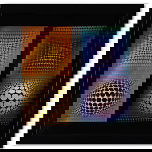 Victor Vasarely (1908-1997), "VP - 118 & VP - 108 de la série Structures Universelles Du Damier": VP - 118 & VP - 108 de la série Structures Universelles Du Damier is a heliogravure print on paper, published in 1975, by Victor Vasarely (1908-1997). This piece comes custom framed, with a letter