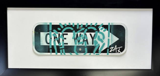 E.M. Zax- Hand painted metal street sign "One way": Artist: E.M. Zax. Medium: Hand painted metal street sign. Title: One way. Measures approx. 14" x 28" (framed). Signature: Hand Signed. Reference#: 75892.