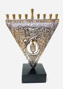 RAPHAEL ABECASSIS- 925 STERLING SILVER PLATED ON BASE "MENORAH": Artist: RAPHAEL ABECASSIS. Medium: 925 STERLING SILVER PLATED ON BASE. Title: MENORAH. Size: 12" x 10". Signature: Signed. Additional: Condition: this Item had small chip and was repaired , referred t