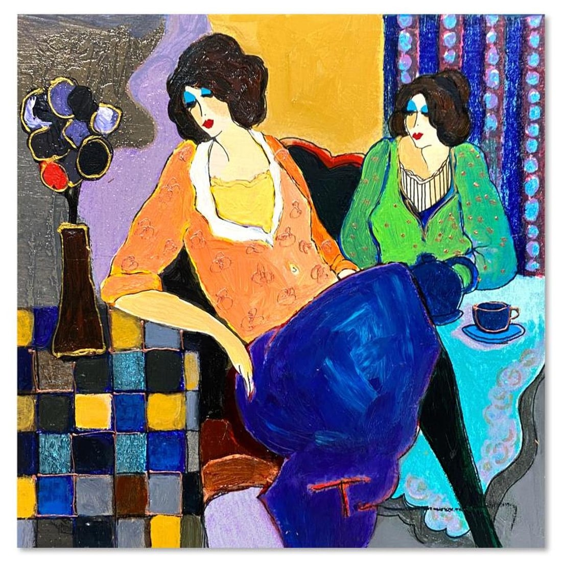 Itzchak Tarkay (1935-2012), "Sisters" One-of-a-Kind Mixed Media Over Paint on Wood, Hand Signed with (1 of 2)