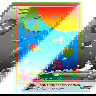 Peter Max, "NASA 50th Anniversary" Hand Signed Poster with Letter of Authenticity.: NASA 50th Anniversary is a poster on paper by Peter Max, hand signed by the artist. Includes Letter of Authenticity. Measures approx. 24" x 18" (image). Reference#: 78864.