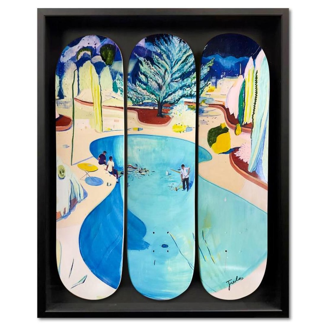 Jules de Balincourt, "New Arrivals" Framed Limited Edition Skateboard Triptych, Numbered and Hand: New Arrivals is a limited edition skateboard triptych by Jules de Balincourt, numbered and hand signed by the artist. This triptych comes custom framed. Includes Letter of Authenticity. Measures appro