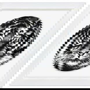Robert Longo, "Tiger" Framed Limoges Porcelain Plate.: Tiger is a Limoges porcelain by Robert Longo. This plate is custom framed and floated on linen. Measures approx. 16" x 16" (frame), 11" (plate diameter). Reference#: 77716. Low Estimate: 912.00High