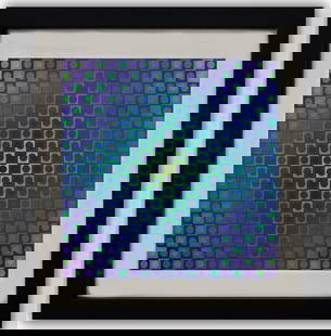 Victor Vasarely- Heliogravure Print "Boglar": Artist: Victor Vasarely. Medium: Heliogravure Print. Title: Boglar. Size: 10" x 10". Measures approx. 12" x 12" (framed). Additional: Custom Framed , 1971. Reference#: 21395. Low Estimate: 360.00High