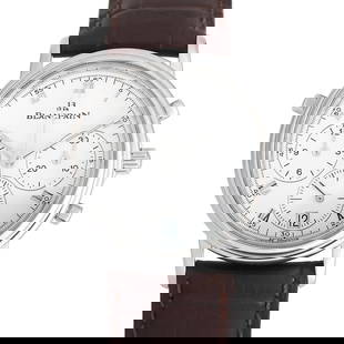 BLANCPAIN VILLERET SPLIT SECONDS CHRONOGRAPH PLATINUM WATCH: Here is one of Blancpain's Six Masterpieces: the neo-vintage Blancpain 1186 dubbed as the world's first rattrapante chronograph (split-seconds). This sophisticated timepiece features a 34mm platinum c