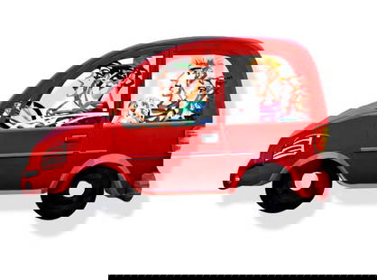 David Gerstein- Mixed Media Cutout Aluminum "Family Car": Artist: David Gerstein. Medium: Mixed Media Cutout Aluminum. Title: Family Car. Size: 47" x 28". Signature: Signed and numbered. Certificate of Authenticity: Is included. Additional: Edition - 295.