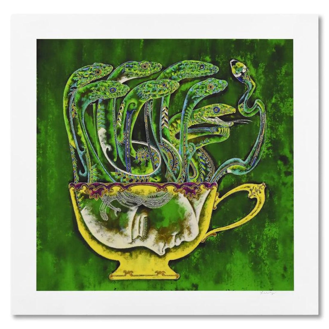 Lu Hong, "Medusa in Tea Cup 3" Limited Edition Giclee, Numbered and Hand Signed with Letter of: Medusa in Tea Cup 3 is a limited edition giclee on paper by Lu Hong, numbered and hand signed by the artist. Includes Letter of Authenticity. Measures approx. 20" x 20" (image). Reference#: 77307.