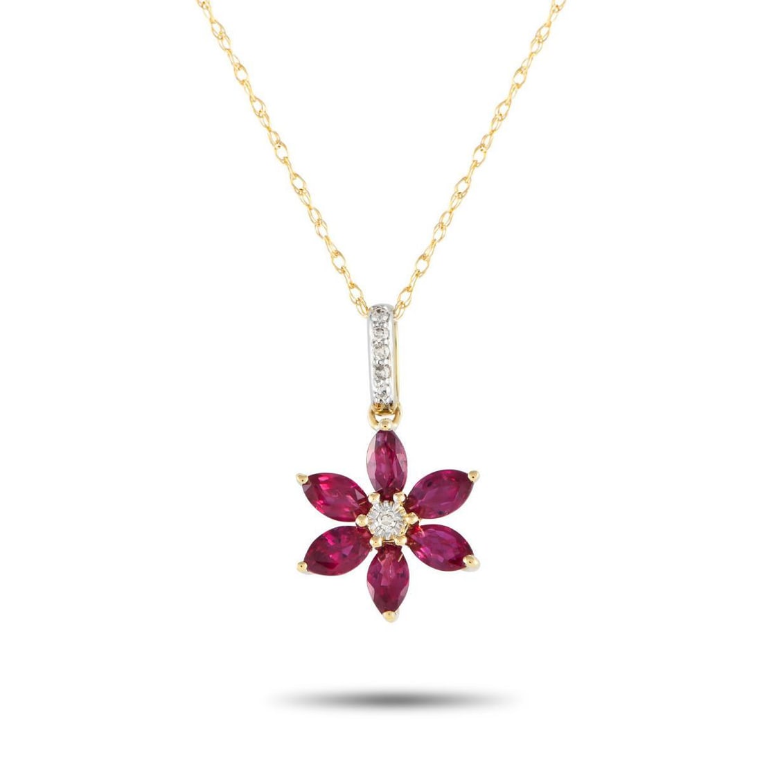 14K YELLOW GOLD 0.01CT DIAMOND AND RUBY FLOWER NECKLACE (1 of 4)