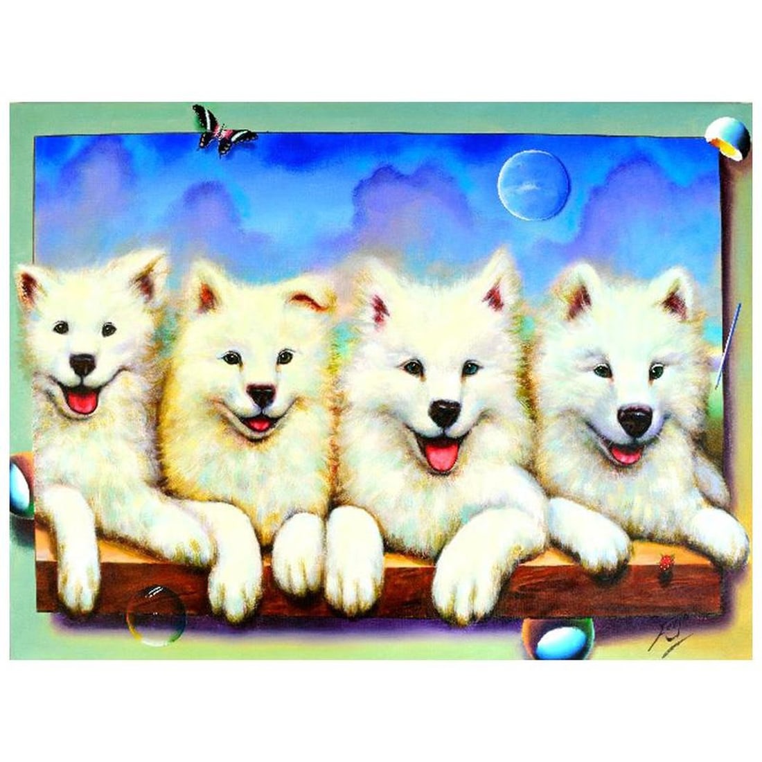 Ferjo, "Cuteness in White" Original Painting on Canvas, Hand Signed with Letter of Authenticity.: Cuteness in White is an original painting, oil on canvas, by Ferjo. Hand signed by the artist, this piece comes with a letter of authenticity. Measures approx. 36" x 48" (image). Reference#: 86592.