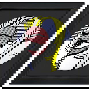 Roy Lichtenstein (1923-1997), "Girl with Tear" Framed Limoges Porcelain Plate.: Girl with Tear is a Limoges porcelain plate featuring art by Roy Lichtenstein (1923-1997). This plate is custom framed and floated on linen. Measures approx. 16" x 16" (frame), 11" (plate diameter). R
