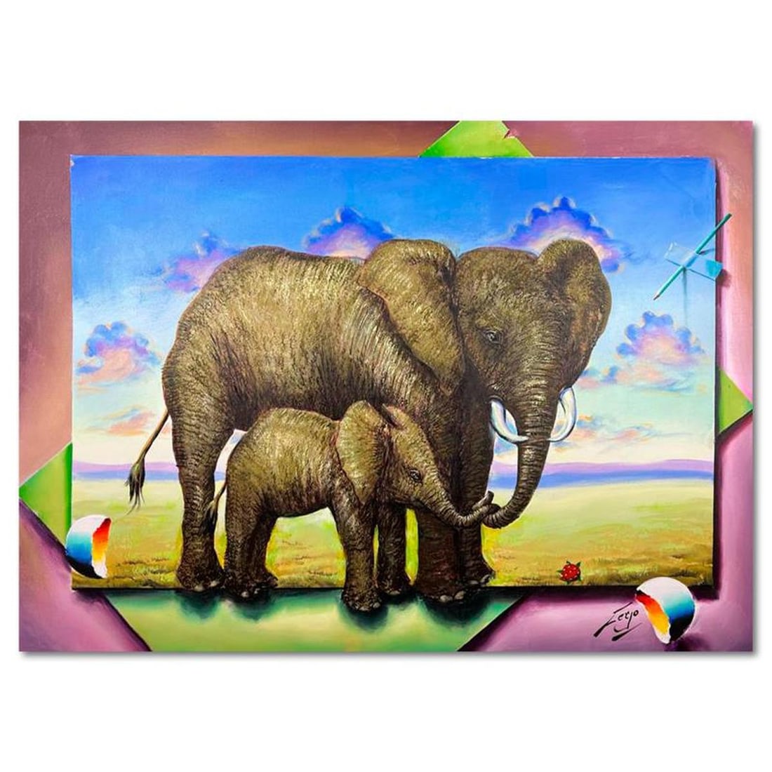 Ferjo "Trunks of Love" Hand Signed Original Painting on Canvas with Letter of Authenticity.: Trunks of Love is an original painting, oil on stretched canvas, by Ferjo. Hand signed by the artist, this piece comes with a letter of authenticity. Measures approximately 30" x 40" (image). Referenc