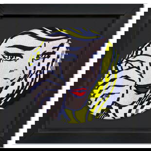 Roy Lichtenstein (1923-1997), "Crying Girl" Framed Limoges Porcelain Plate.: Crying Girl is a Limoges porcelain plate featuring art by Roy Lichtenstein (1923-1997). This plate is custom framed and floated on linen. Measures approx. 16" x 16" (frame), 11" (plate diameter). Refe