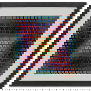 Victor Vasarely (1908-1997), "Kezdi de la série Folklore Planetaire" Framed 1971 Heliogravure Print: Kezdi de la série Folklore Planetaire is a heliogravure print on paper, published in 1971, by Victor Vasarely (1908-1997). This piece comes custom framed, with a letter of authenticity and with a 197