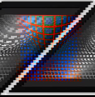 Victor Vasarely- Heliogravure Print "Kezdi - Vega": Artist: Victor Vasarely. Medium: Heliogravure Print. Title: Kezdi - Vega. Size: 10" x 10". Measures approx. 12" x 12" (framed). Additional: Custom Framed , 1975. Reference#: 21406.