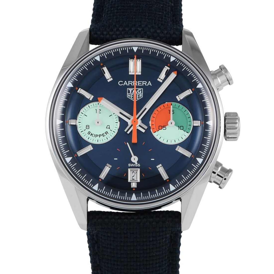 TAG HEUER CARRERA CHRONOGRAPH SKIPPER WATCH: Sail in style with the Carrera Skipper on your wrist. This charming timepiece boasts a precision chronograph function and a regatta countdown timer. The watch's blue dial features a circular brushed f