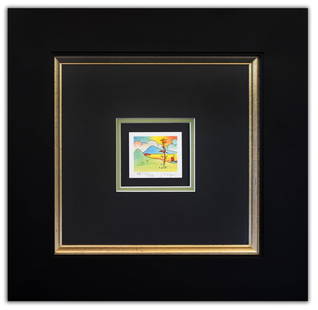 Peter Max- Original Lithograph "Tree with Sailboat (Mini Series)": Artist: Peter Max. Medium: Original Lithograph. Title: Tree with Sailboat (Mini Series). Size: 2.5" x 3". Measures approx. 17" x 18" (framed). Signature: Hand Signed and Numbered by the artist. Certif